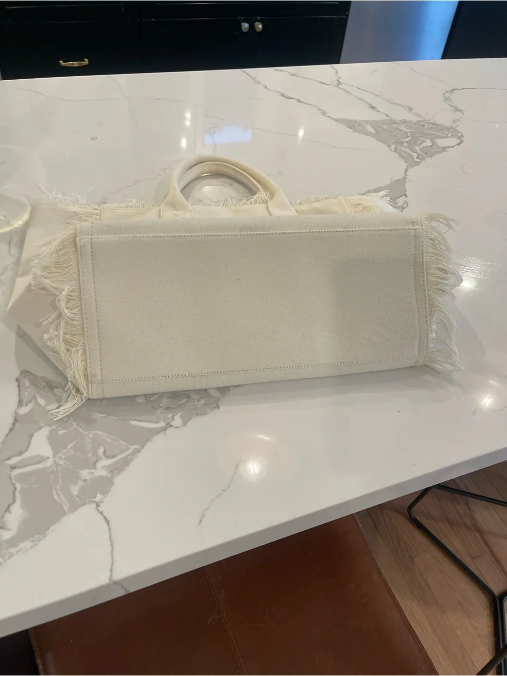 Dolce Vita Cream Canvas Fringe Tote with Light Blue Logo
